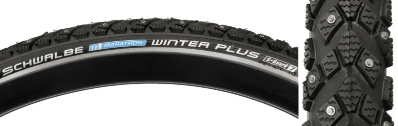 Road bike liner-Schwalbe Marathon Winter Plus Tire - 26 x 2 Clincher Wire BLK/Reflective Performance Line 200 Steel Studs